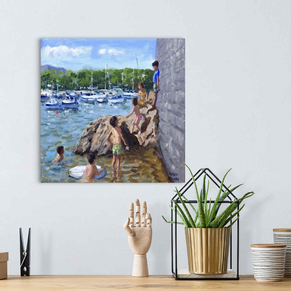 A bohemian room featuring Climbing Rocks, Tenby Harbour, 2016, originally oil on canvas.