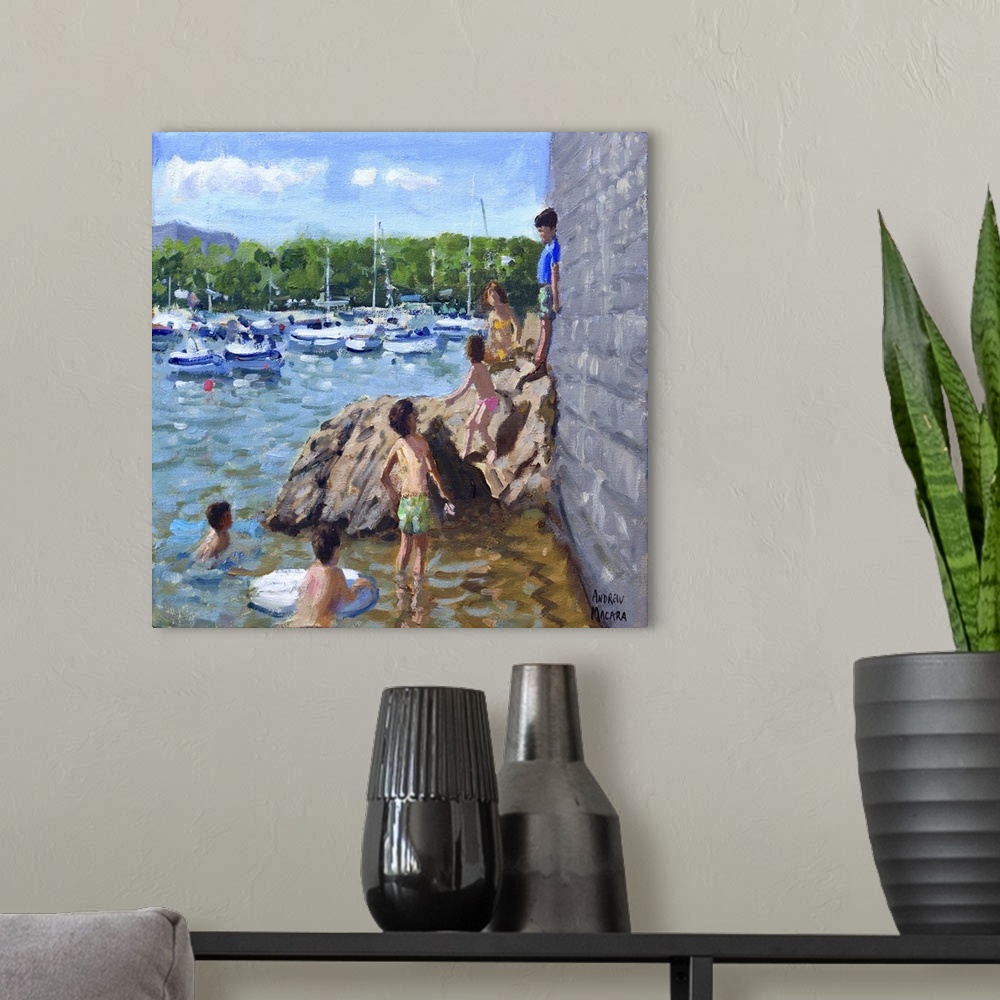 A modern room featuring Climbing Rocks, Tenby Harbour, 2016, originally oil on canvas.