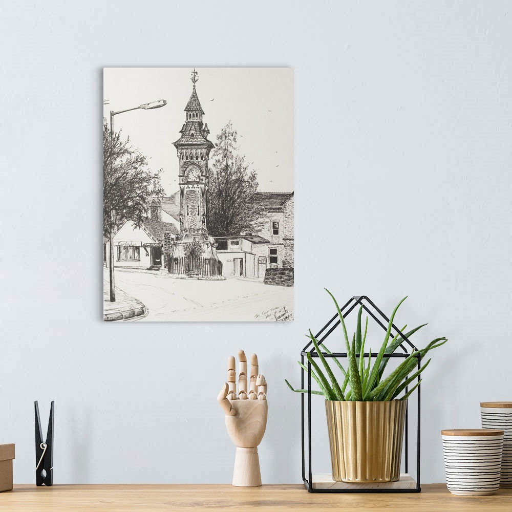 A bohemian room featuring Contemporary artwork of old architecture of the UK.