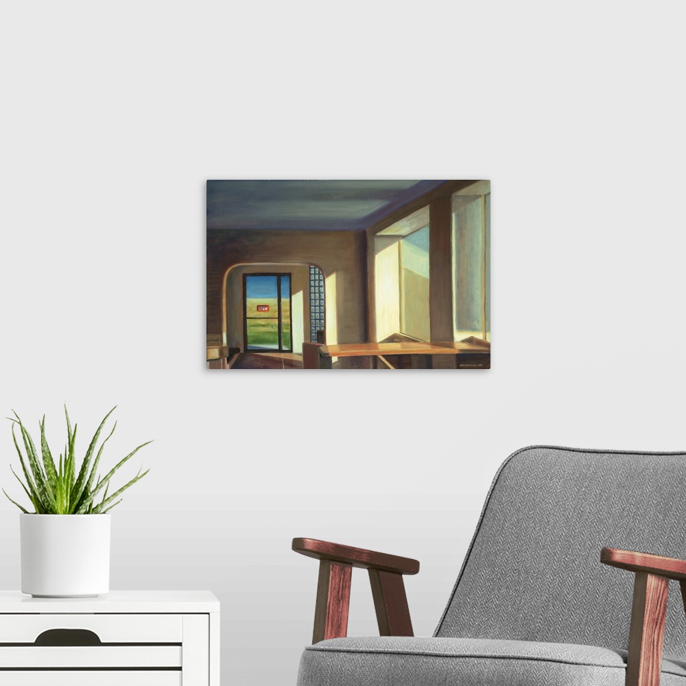 A modern room featuring Contemporary painting of an empty cafe interior.
