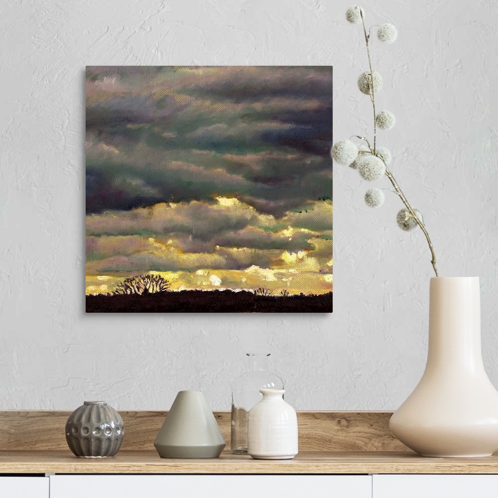 A farmhouse room featuring Contemporary painting of a sky with layers of ominous looking clouds.