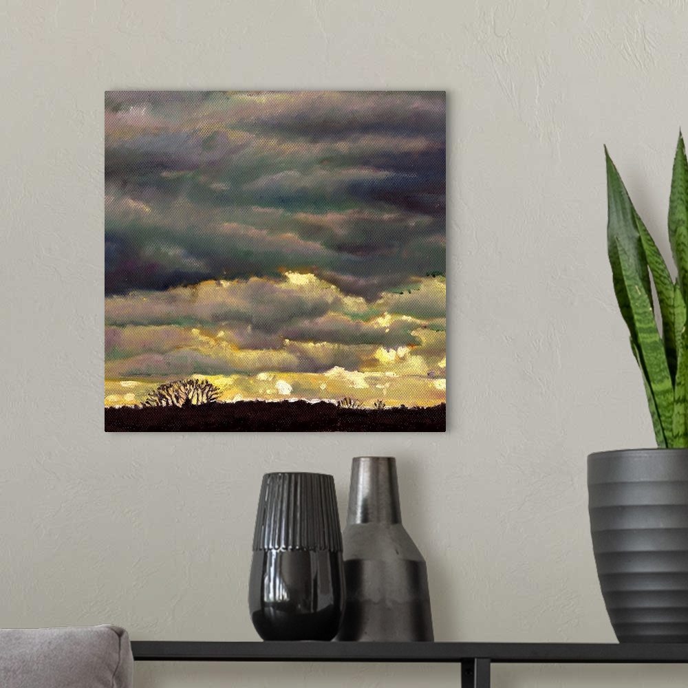 A modern room featuring Contemporary painting of a sky with layers of ominous looking clouds.