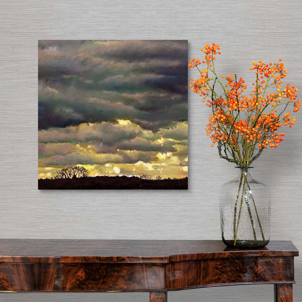 A traditional room featuring Contemporary painting of a sky with layers of ominous looking clouds.