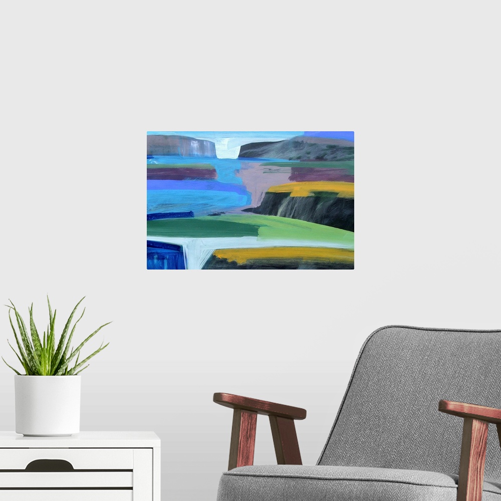A modern room featuring Abstract painting of land plateaus and rocky cliffs surrounded by ocean and land shown through si...