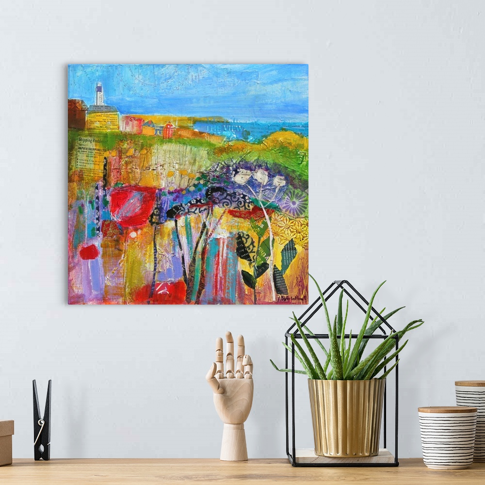 A bohemian room featuring Contemporary painting using vivid colors to express landscape view.