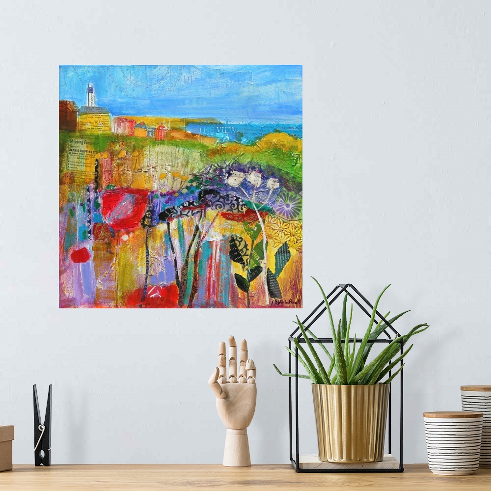 A bohemian room featuring Contemporary painting using vivid colors to express landscape view.
