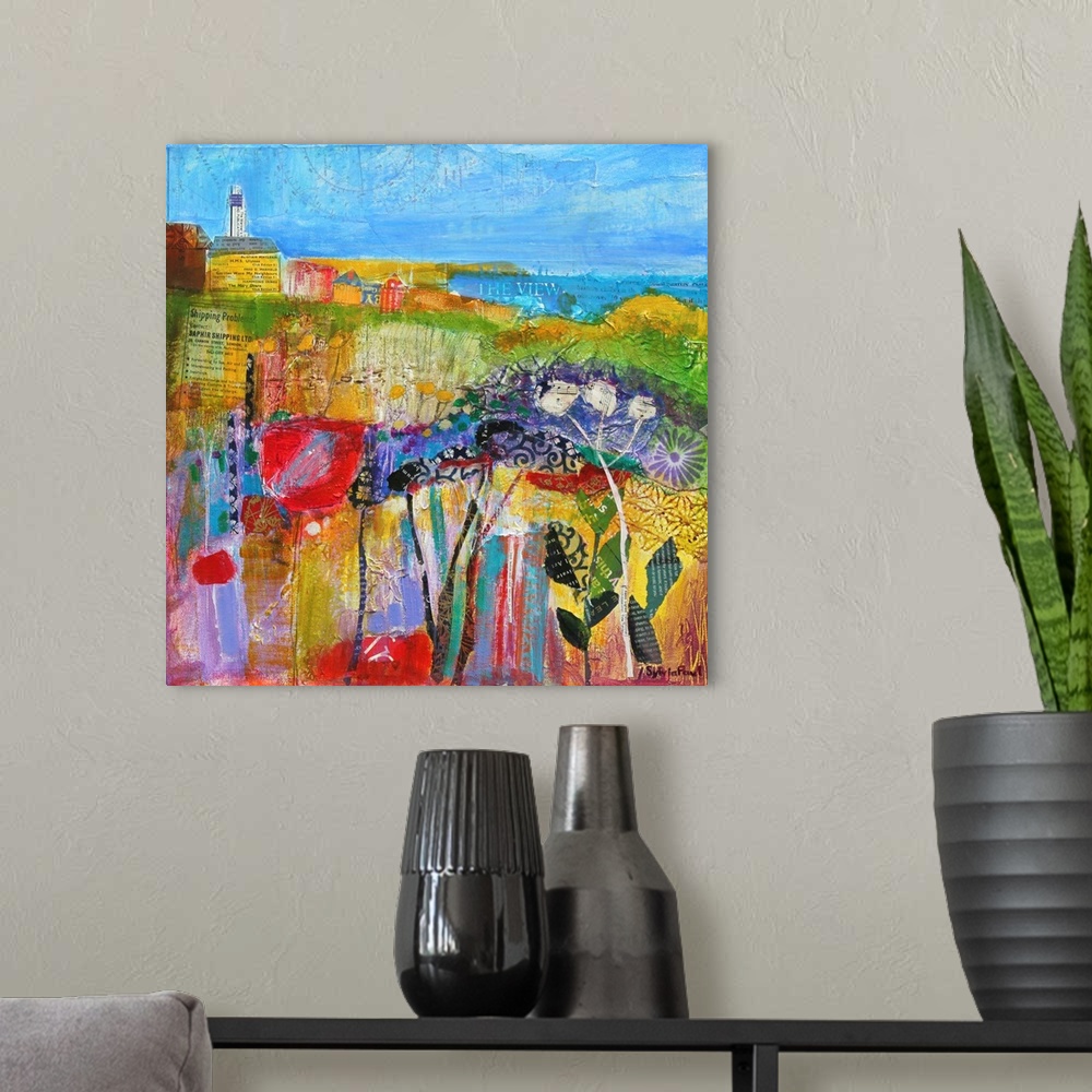 A modern room featuring Contemporary painting using vivid colors to express landscape view.