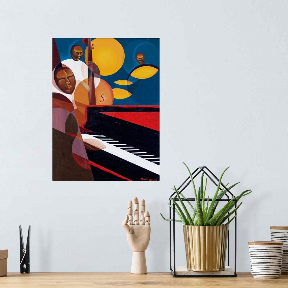 A bohemian room featuring Classical painting of swing band playing the piano, bass, and drums.  The men in the band and the...
