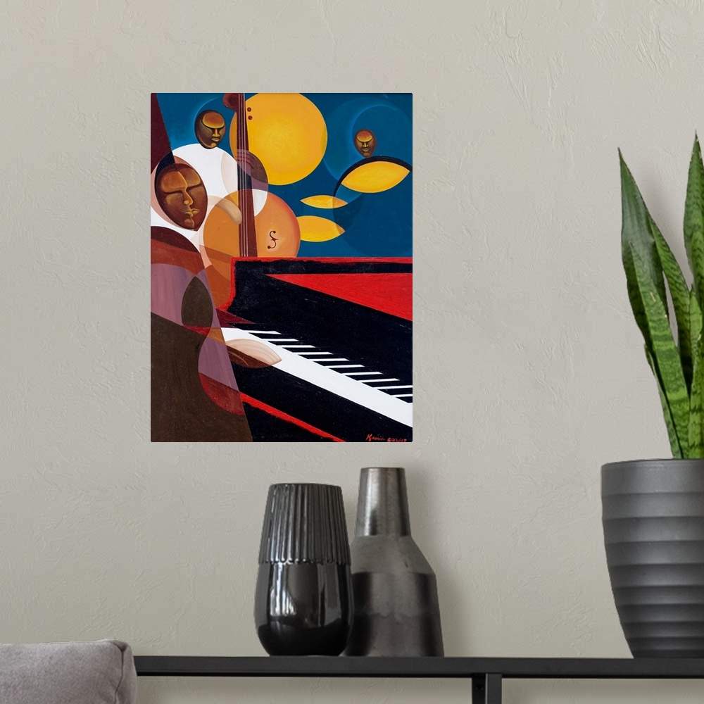 A modern room featuring Classical painting of swing band playing the piano, bass, and drums.  The men in the band and the...