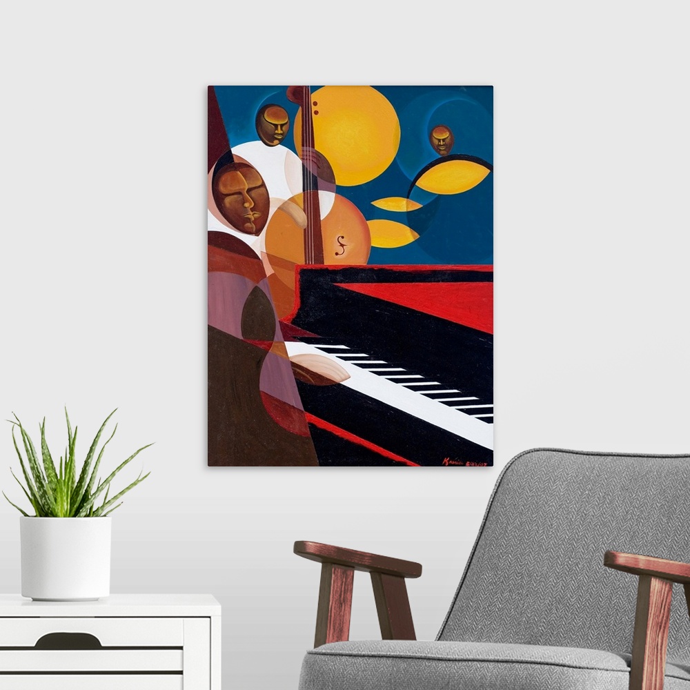 A modern room featuring Classical painting of swing band playing the piano, bass, and drums.  The men in the band and the...