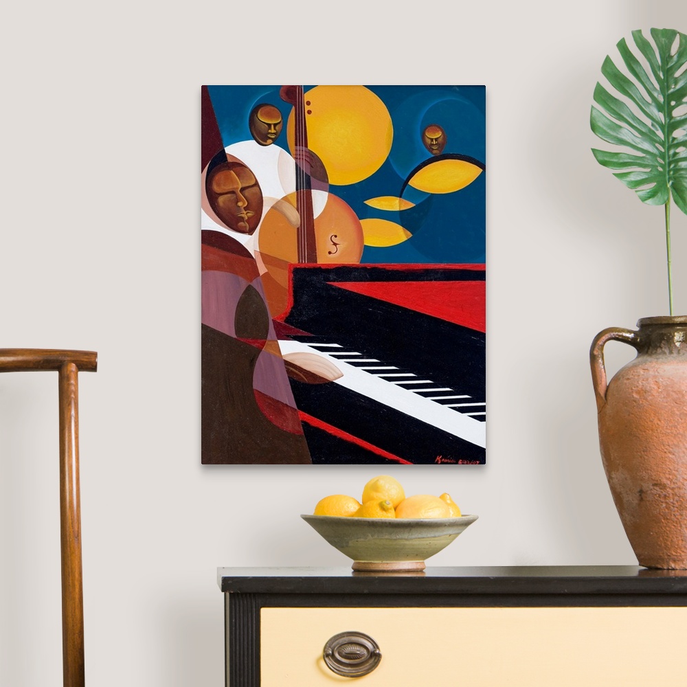 A traditional room featuring Classical painting of swing band playing the piano, bass, and drums.  The men in the band and the...