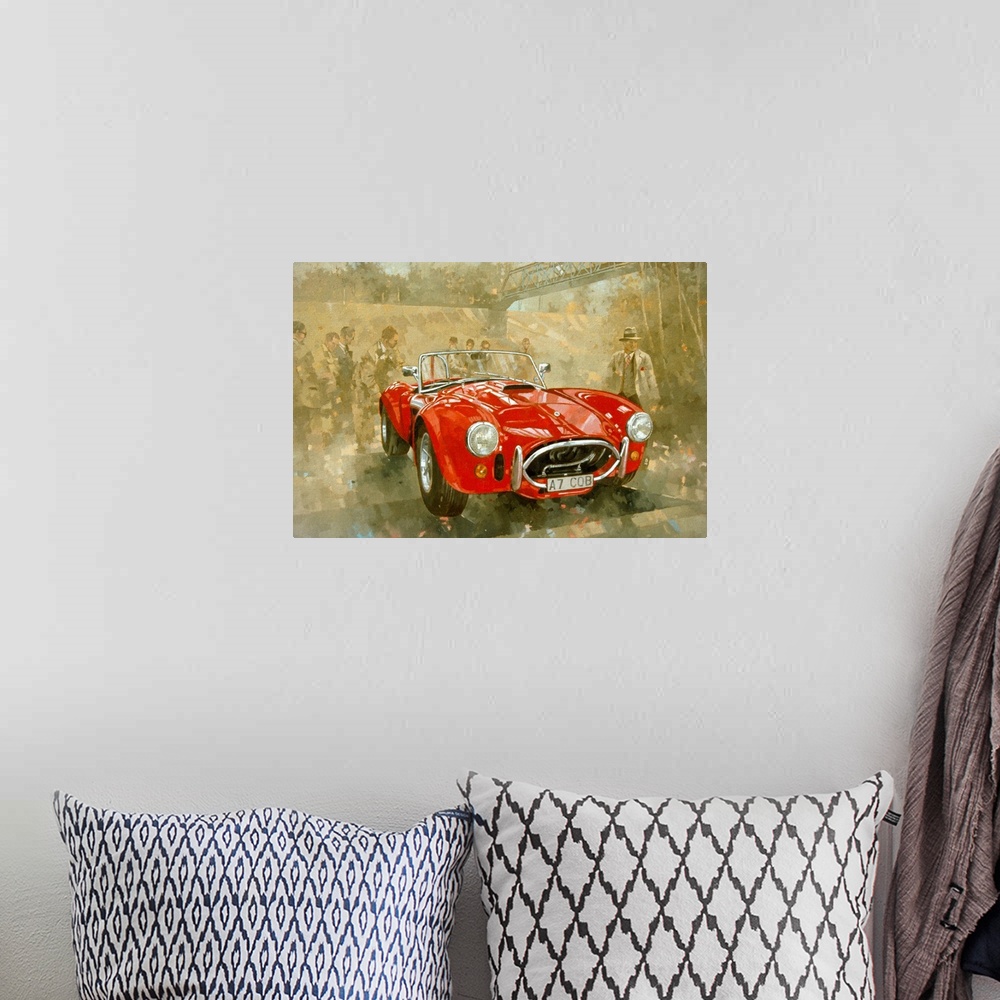 A bohemian room featuring A painting of a gleam vintage British-American sports car surrounded by many admires from the tim...