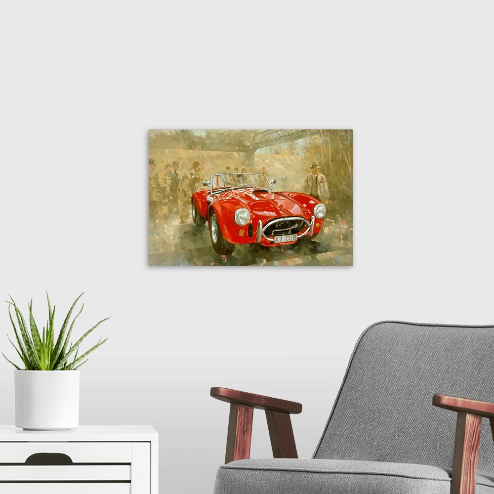 A modern room featuring A painting of a gleam vintage British-American sports car surrounded by many admires from the tim...