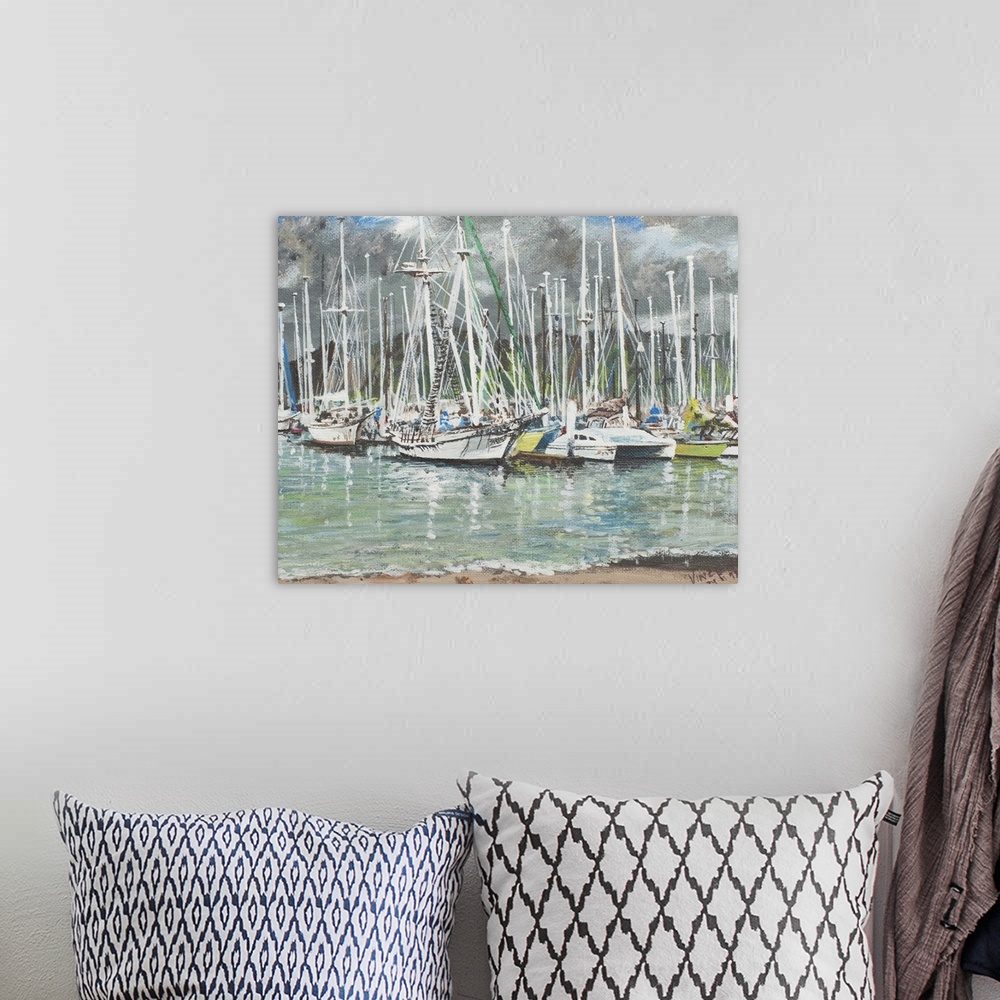 A bohemian room featuring Contemporary painting of sailboats docked in a harbor under gray skies.