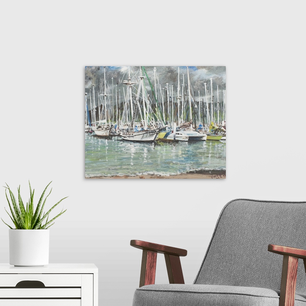 A modern room featuring Contemporary painting of sailboats docked in a harbor under gray skies.