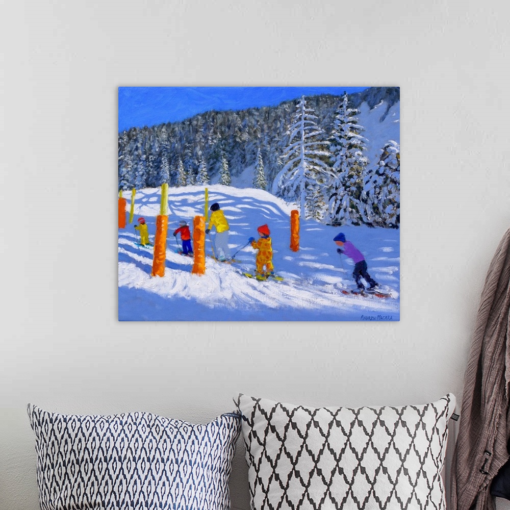 A bohemian room featuring Colourful Skiing, Les Arcs, France, 2018, (originally oil on canvas) by Macara, Andrew