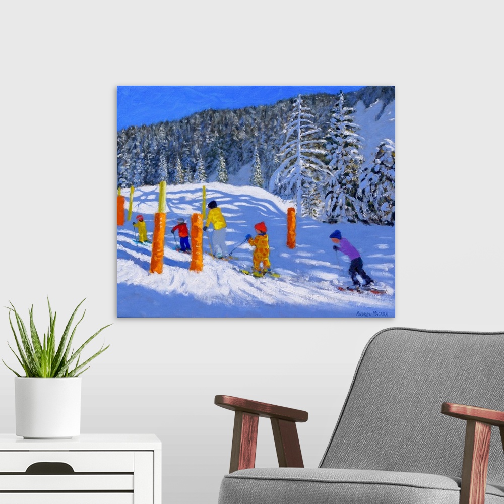 A modern room featuring Colourful Skiing, Les Arcs, France, 2018, (originally oil on canvas) by Macara, Andrew