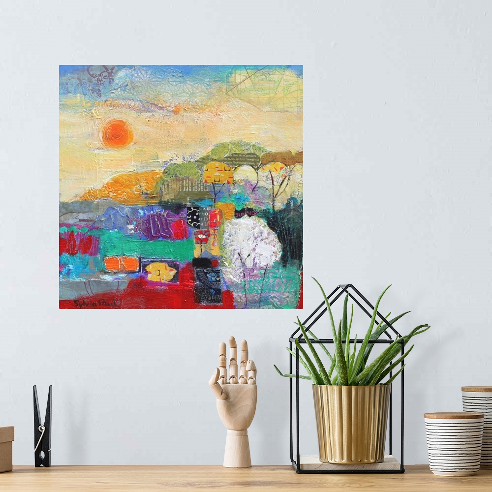A bohemian room featuring Contemporary abstract painting of a summer landscape.