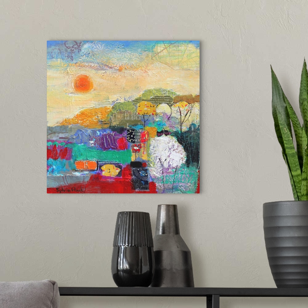 A modern room featuring Contemporary abstract painting of a summer landscape.