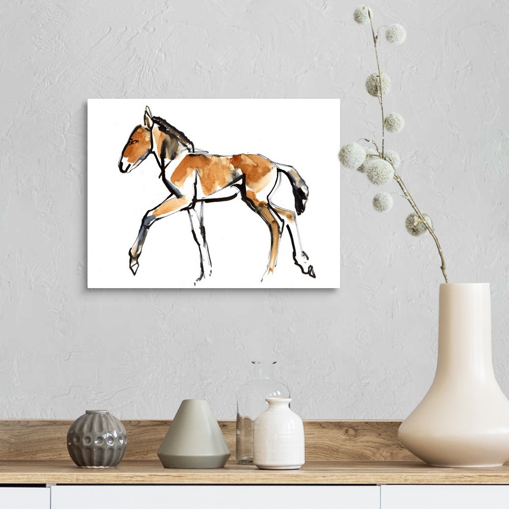 A farmhouse room featuring Contemporary artwork of a Mongolian Przewalski horse against a white background.