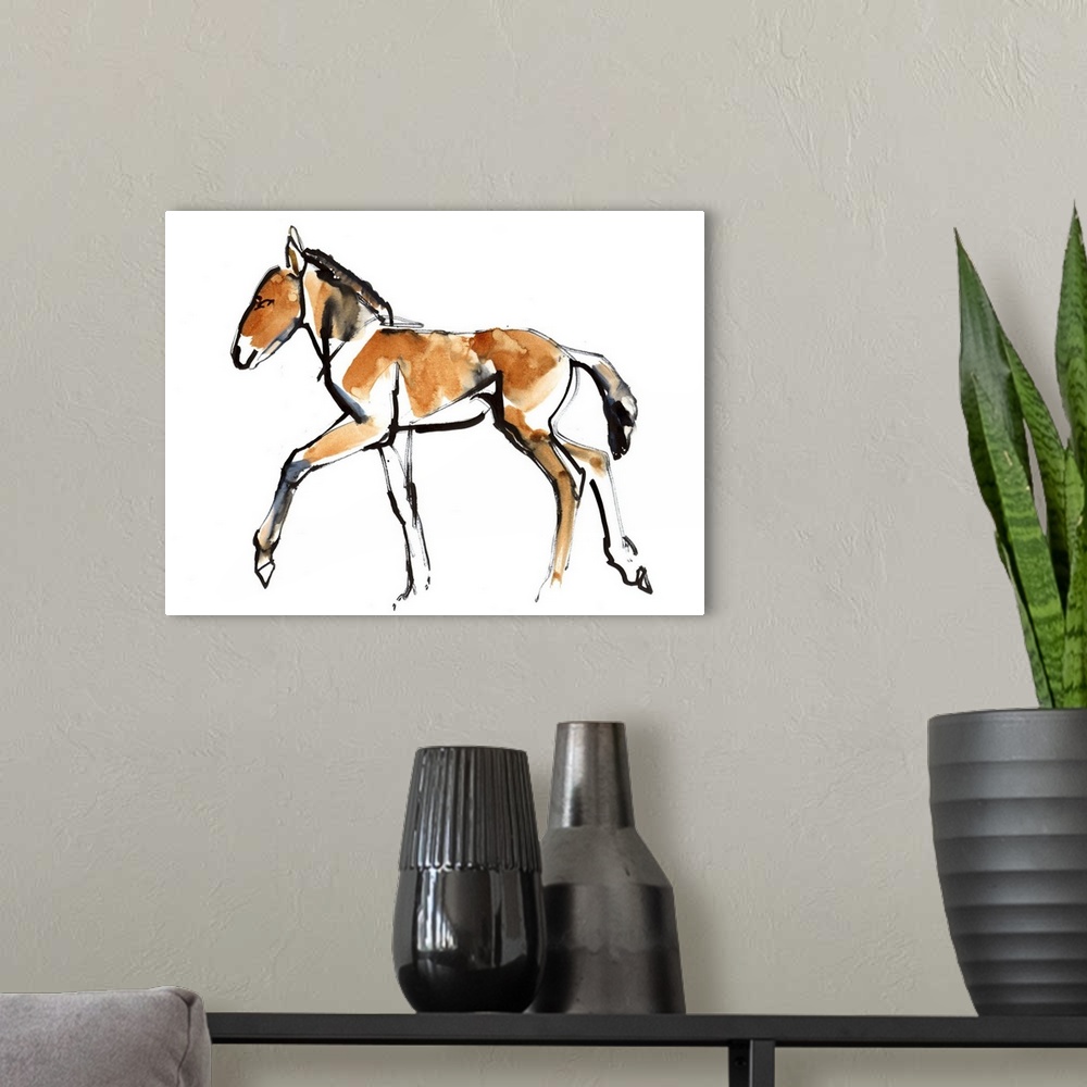 A modern room featuring Contemporary artwork of a Mongolian Przewalski horse against a white background.