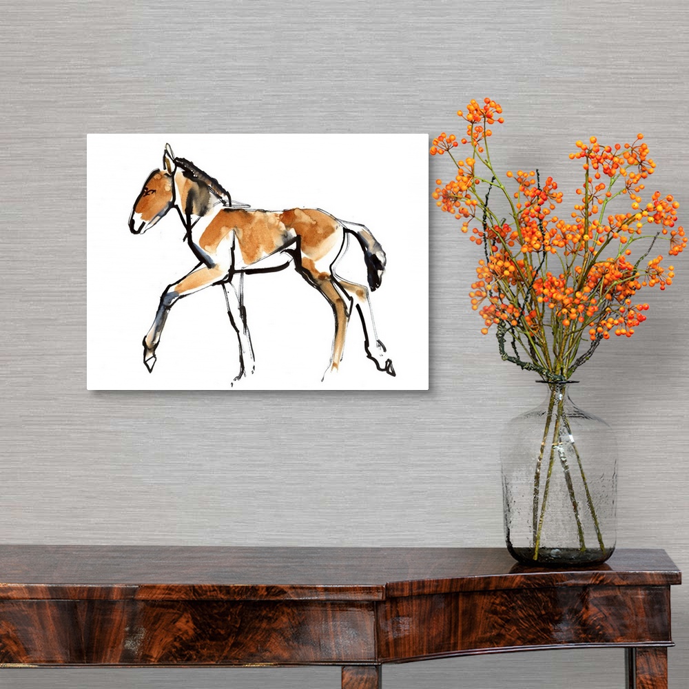 A traditional room featuring Contemporary artwork of a Mongolian Przewalski horse against a white background.