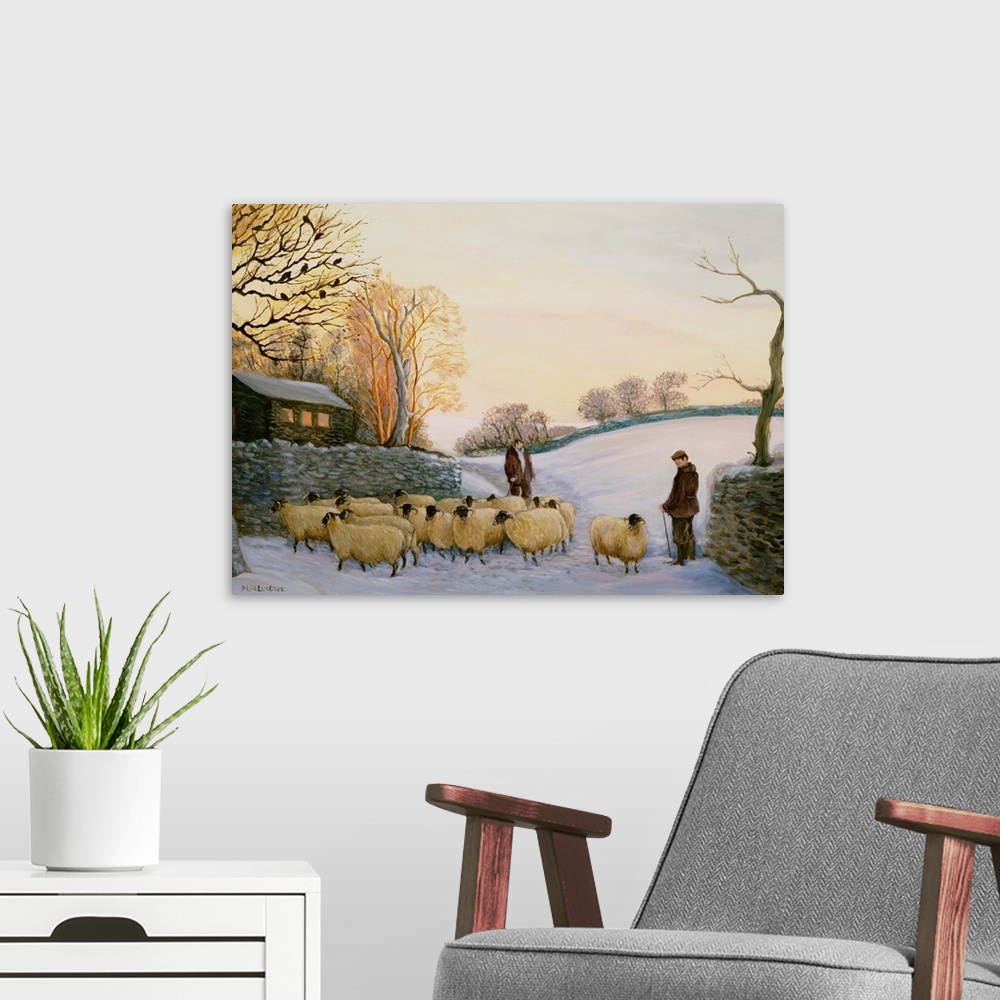 A modern room featuring Contemporary painting of shepherds working outside in the winter.