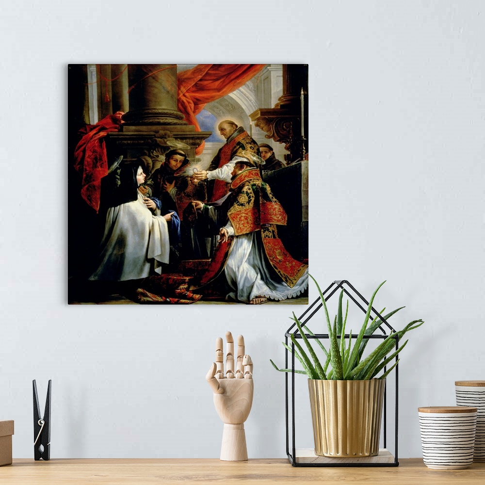 A bohemian room featuring XIR61822 Communion of St. Teresa of Avila (1515-82) c.1670 (oil on canvas)  by Coello, Claudio (1...