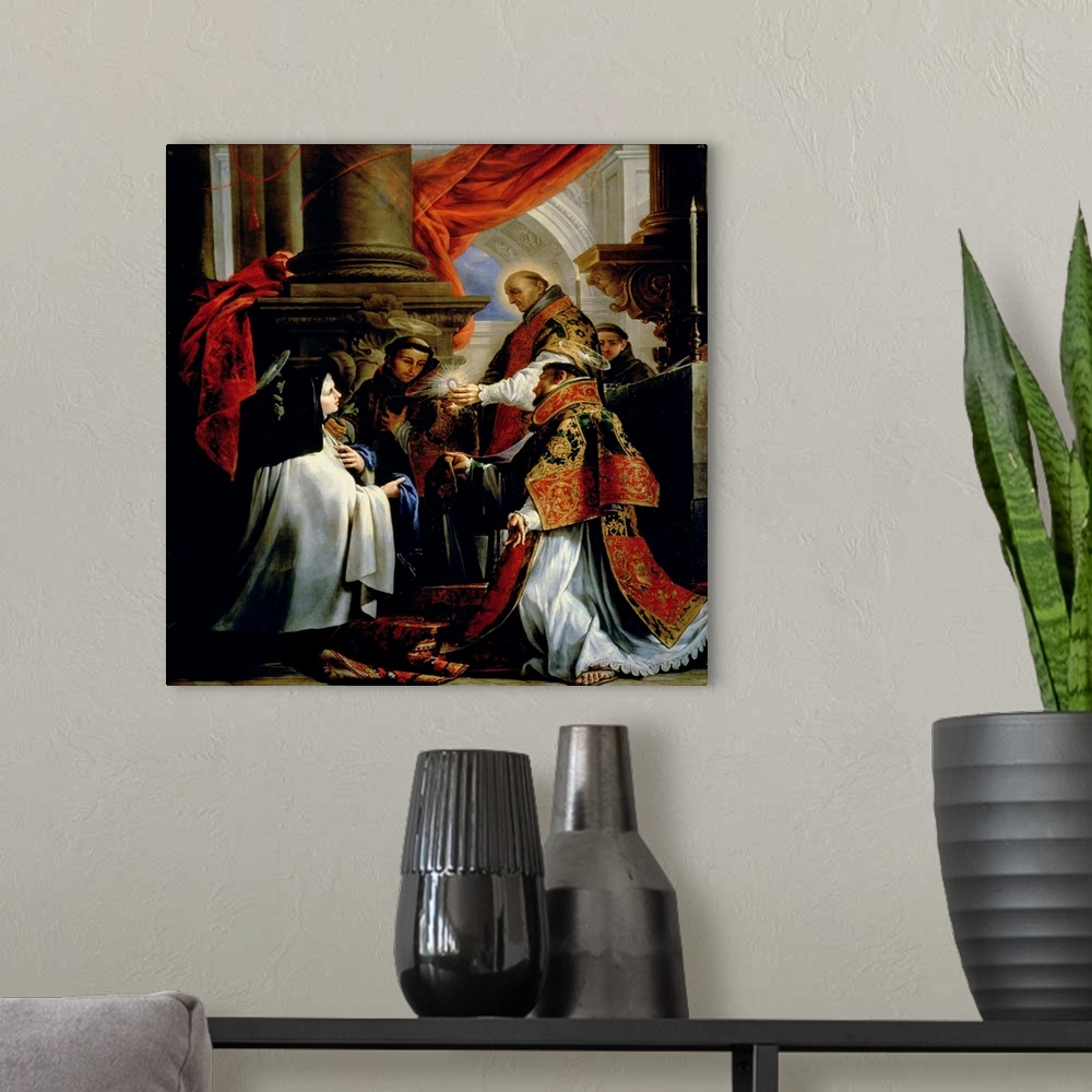 A modern room featuring XIR61822 Communion of St. Teresa of Avila (1515-82) c.1670 (oil on canvas)  by Coello, Claudio (1...