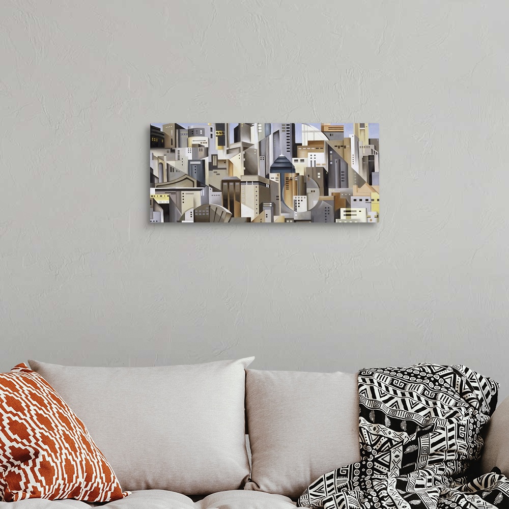 A bohemian room featuring Modern abstract painting of skyscraper composed of various shapes on canvas.