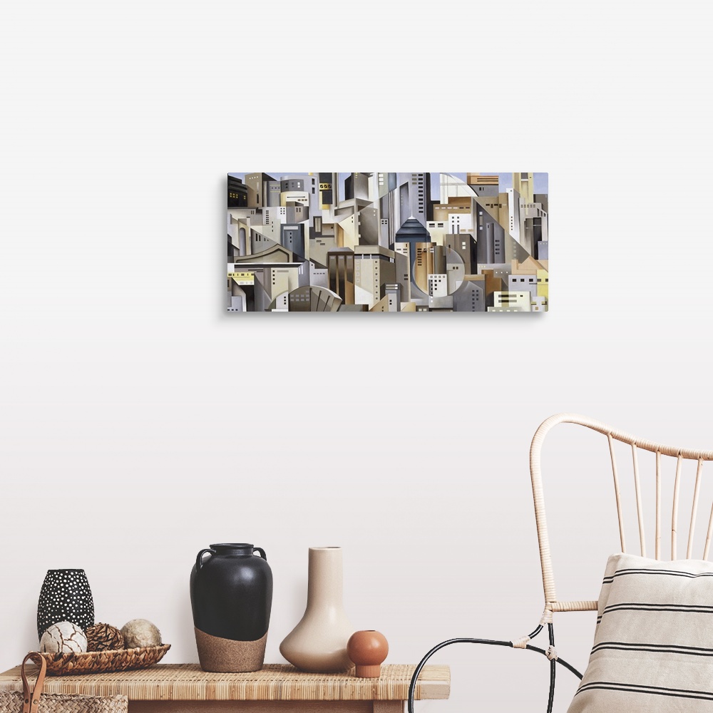 A farmhouse room featuring Modern abstract painting of skyscraper composed of various shapes on canvas.