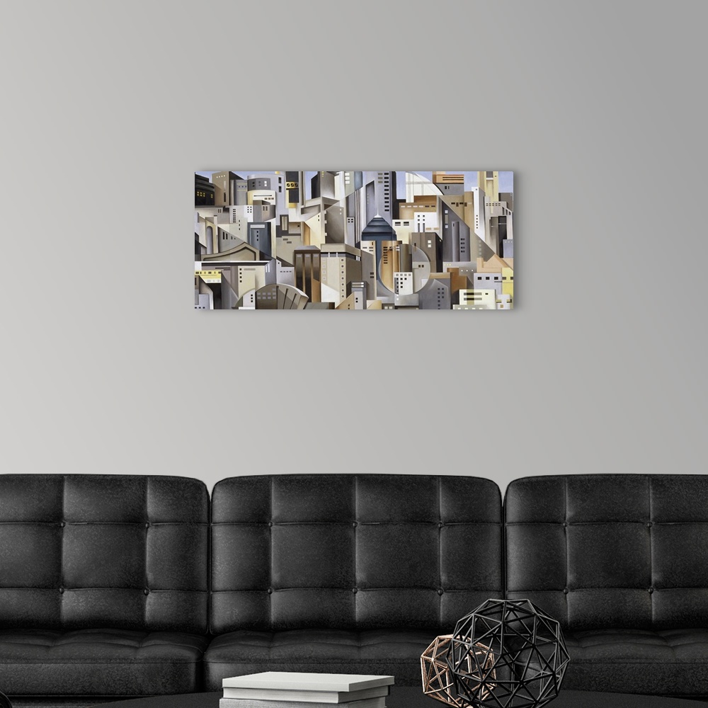 A modern room featuring Modern abstract painting of skyscraper composed of various shapes on canvas.