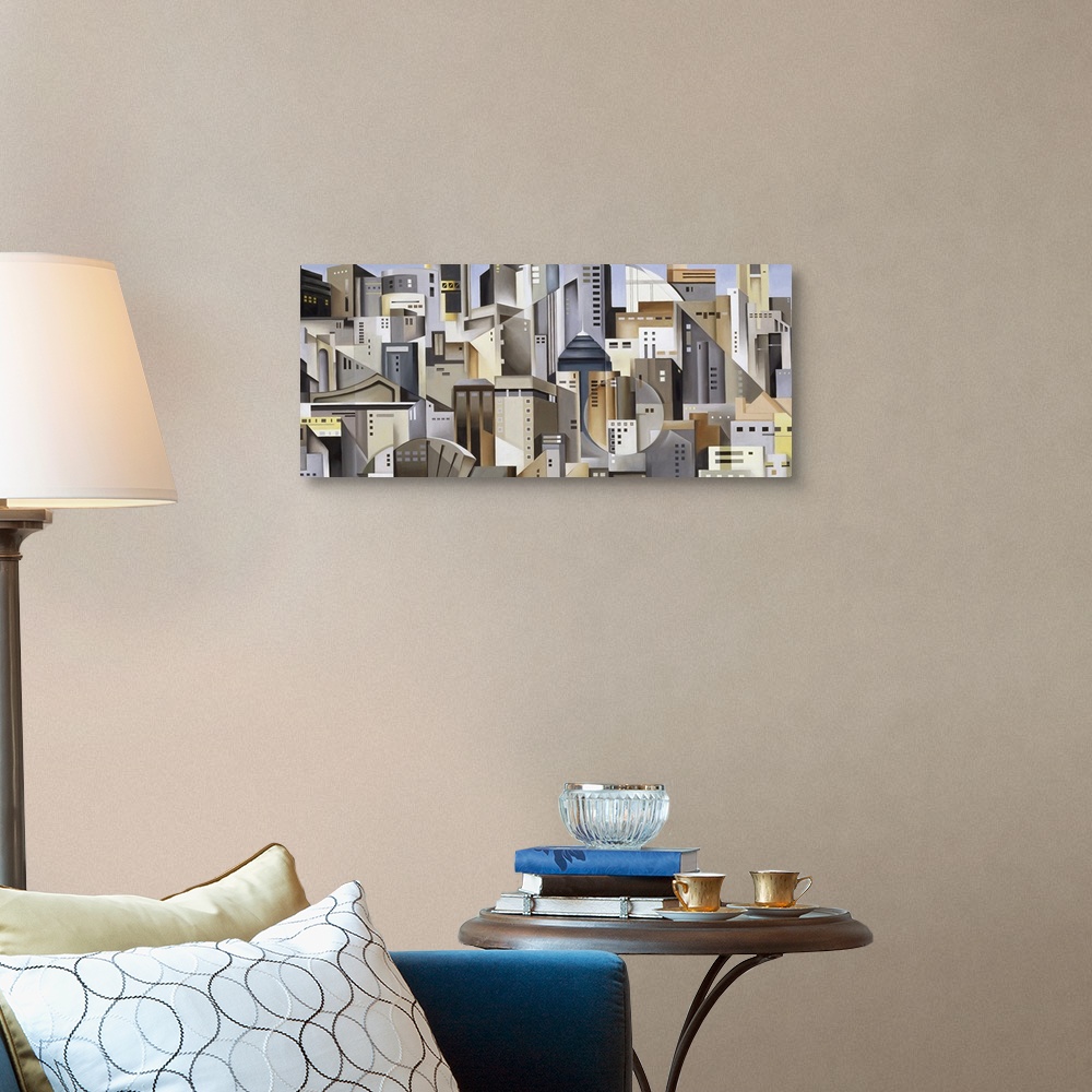A traditional room featuring Modern abstract painting of skyscraper composed of various shapes on canvas.