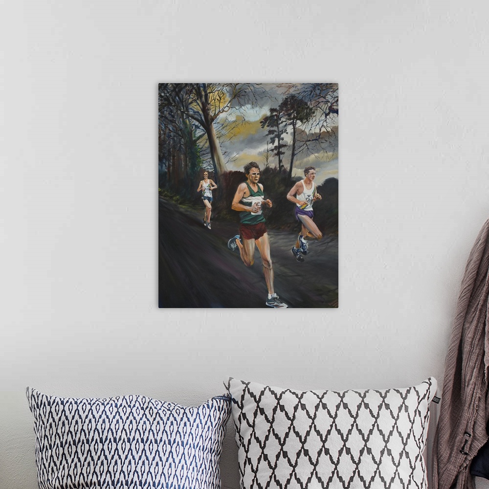 A bohemian room featuring Contemporary painting of a runners along a dark path.