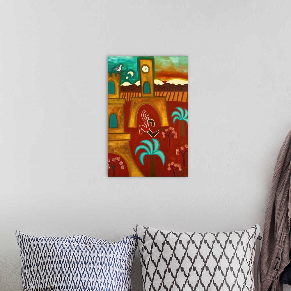 A bohemian room featuring Contemporary painting of a woman running through a courtyard.