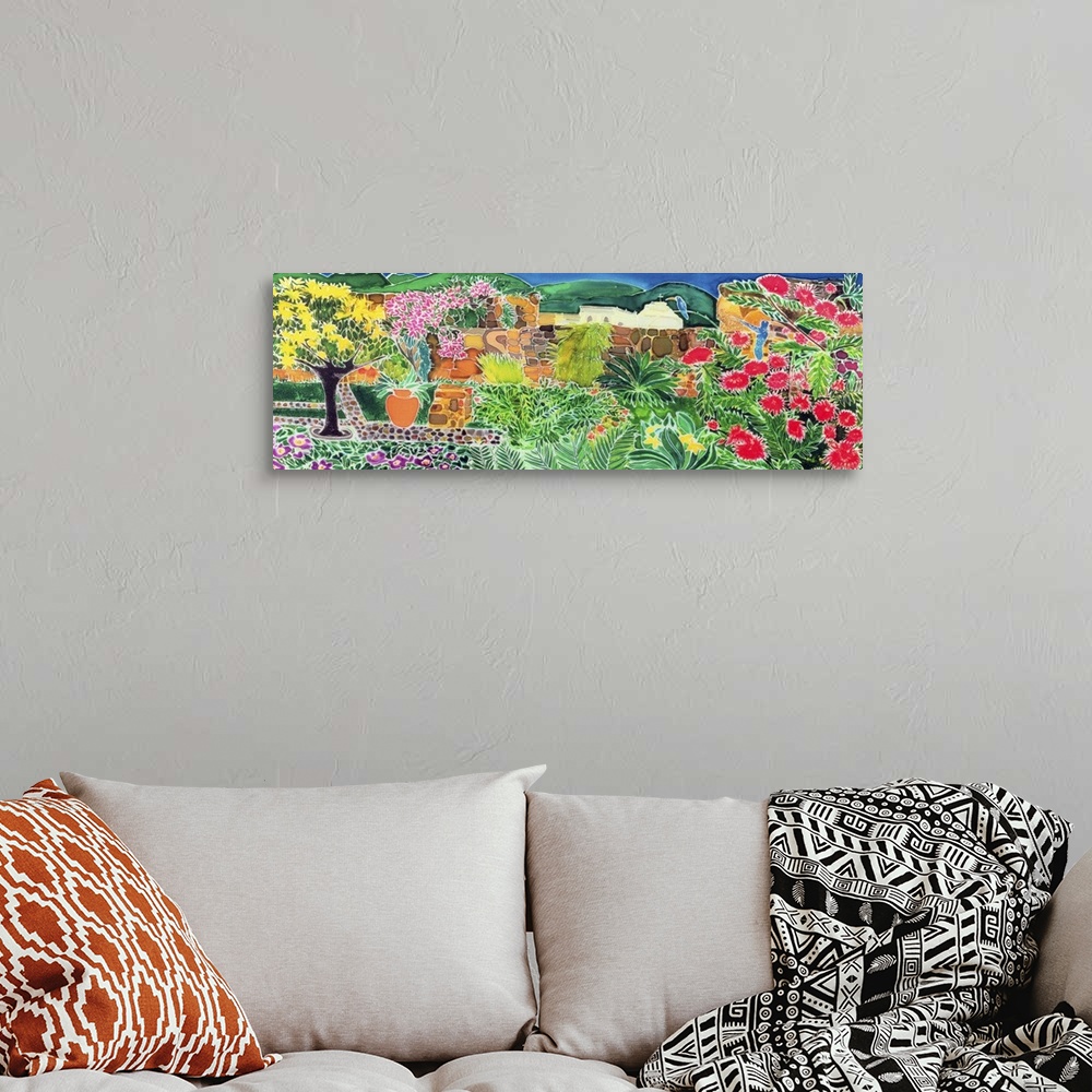A bohemian room featuring Contemporary painting of a colorful garden landscape.