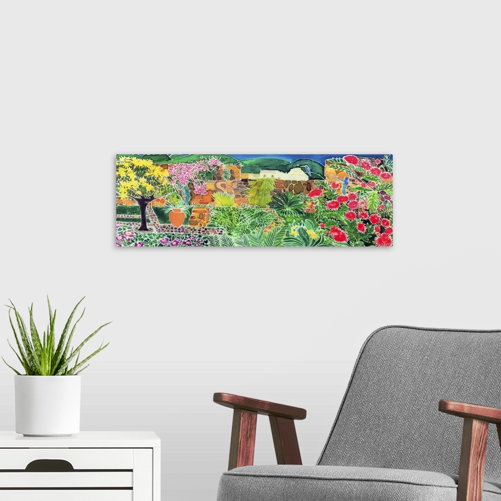 A modern room featuring Contemporary painting of a colorful garden landscape.