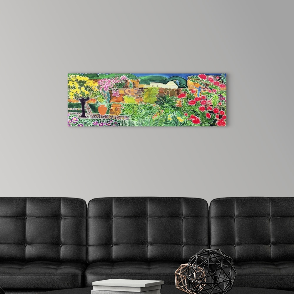 A modern room featuring Contemporary painting of a colorful garden landscape.