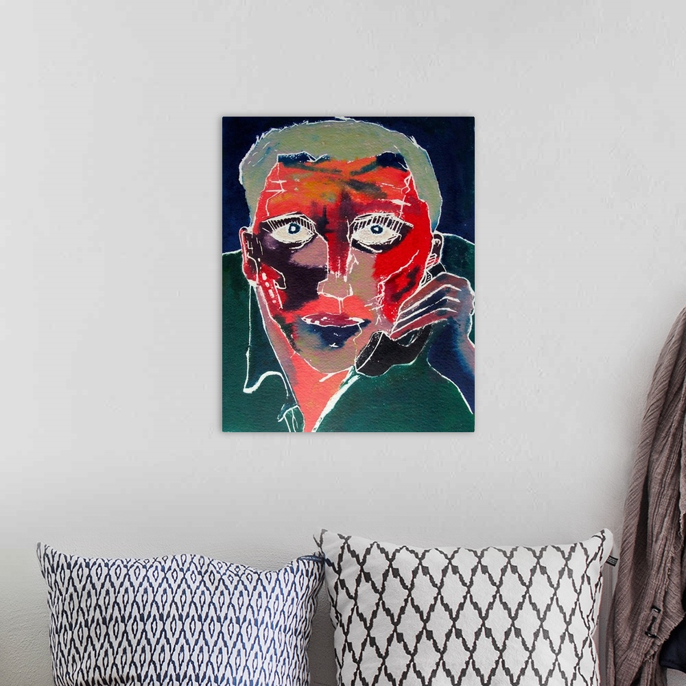 A bohemian room featuring Contemporary expressionist painting of a portrait of a man with a red face and talking in the phone.