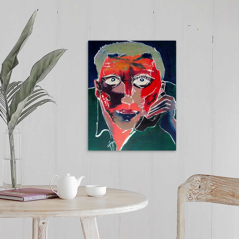 A farmhouse room featuring Contemporary expressionist painting of a portrait of a man with a red face and talking in the phone.