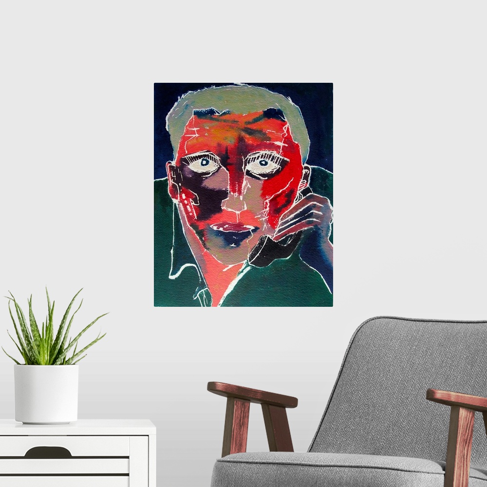 A modern room featuring Contemporary expressionist painting of a portrait of a man with a red face and talking in the phone.