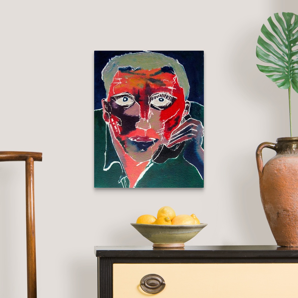 A traditional room featuring Contemporary expressionist painting of a portrait of a man with a red face and talking in the phone.