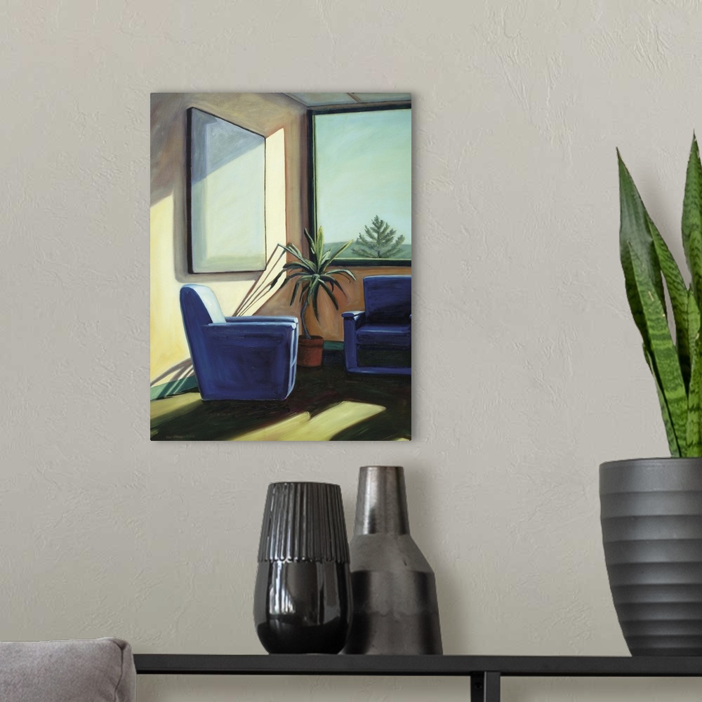 A modern room featuring Contemporary painting of two blue armchairs by a window.