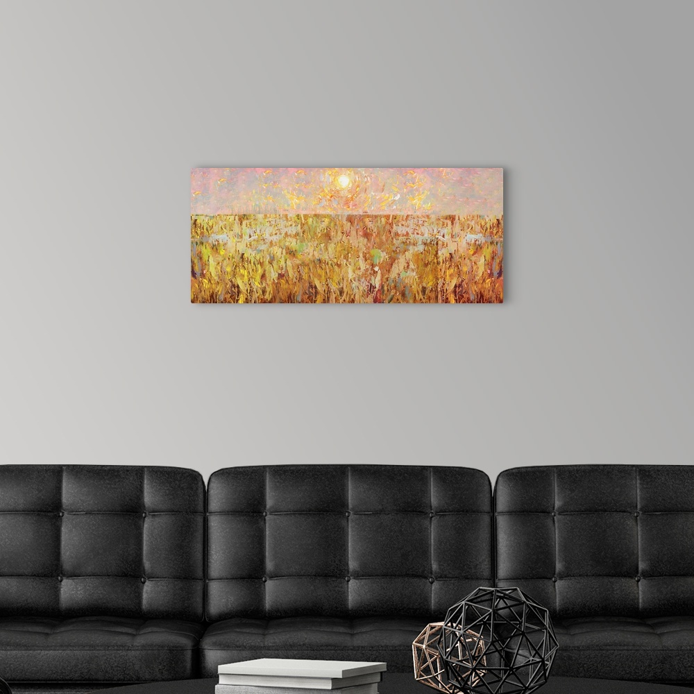 A modern room featuring Cornfield Collage, 2017, (Collage on Wood Panel)