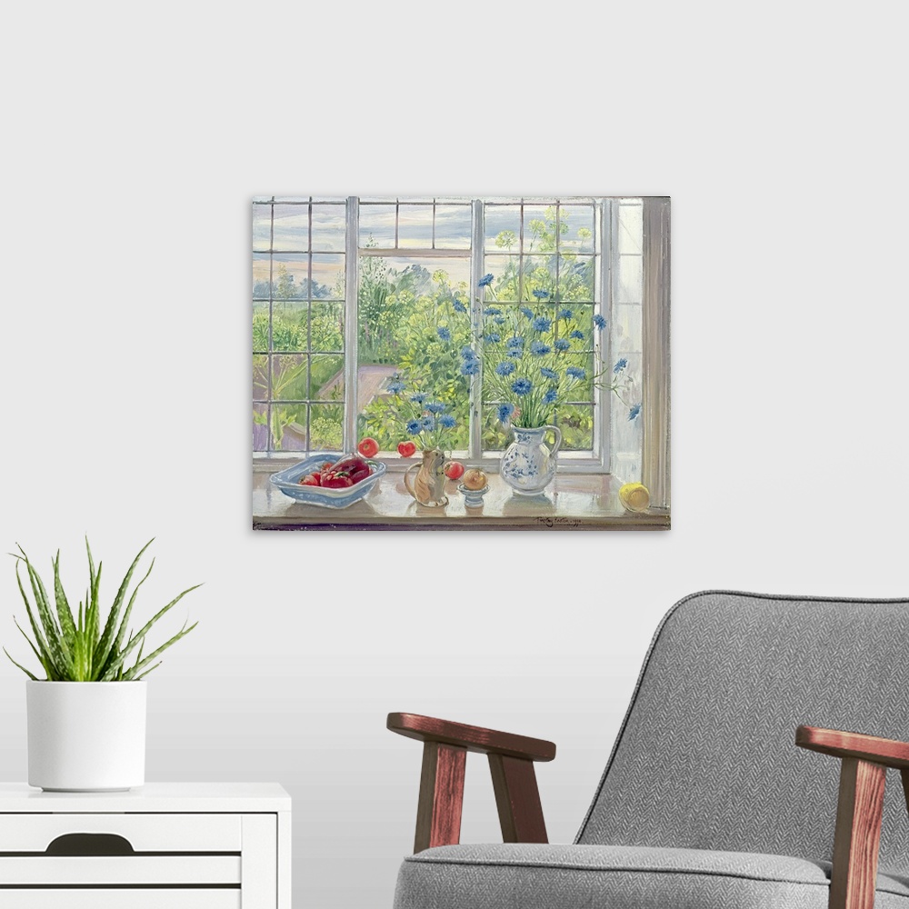 A modern room featuring Painting of windowsill with flower vases and vegetables with garden.  A small garden is seen thro...