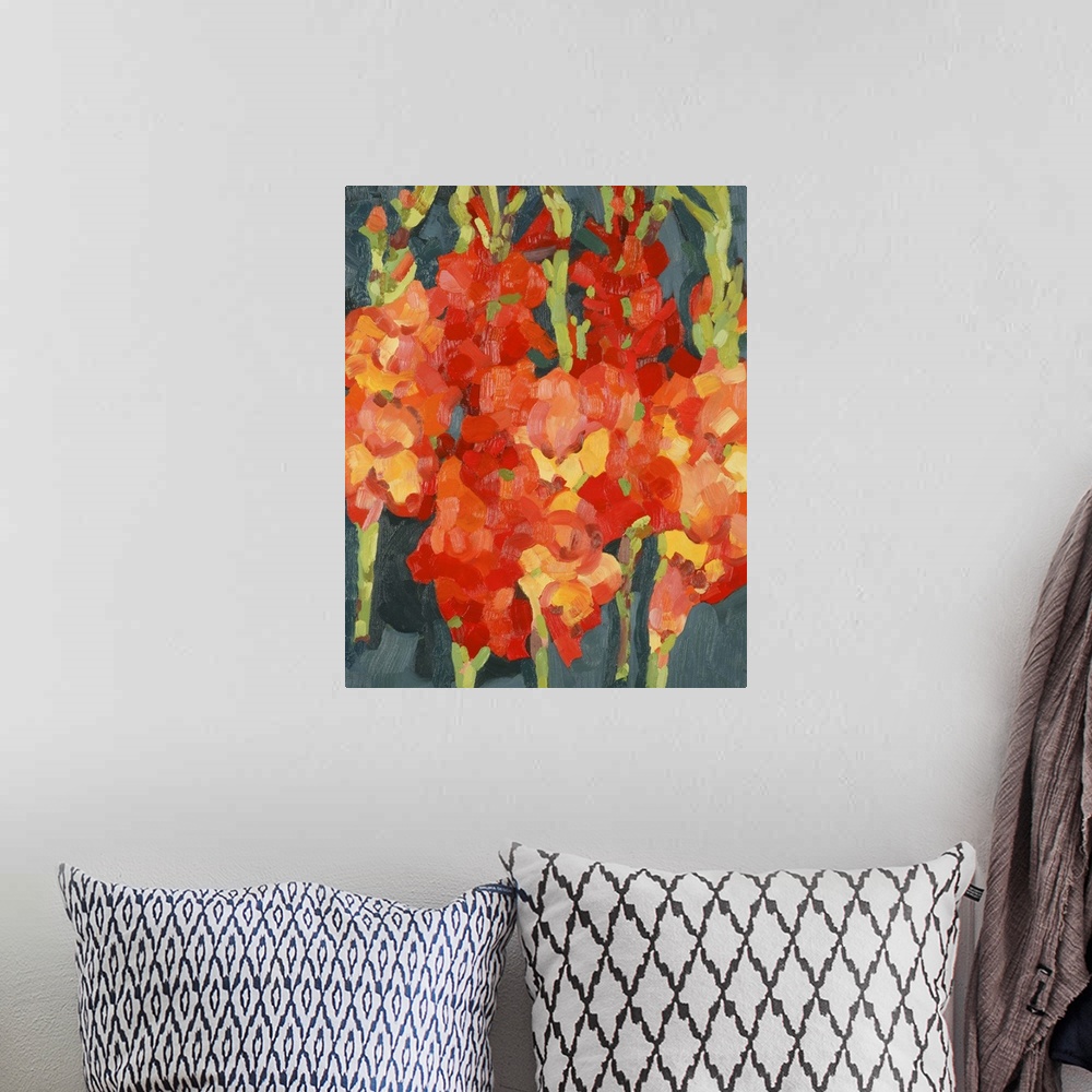 A bohemian room featuring Large, vertical, floral painting of a bunch of fiery colored gladiola on a dark background.  Pain...