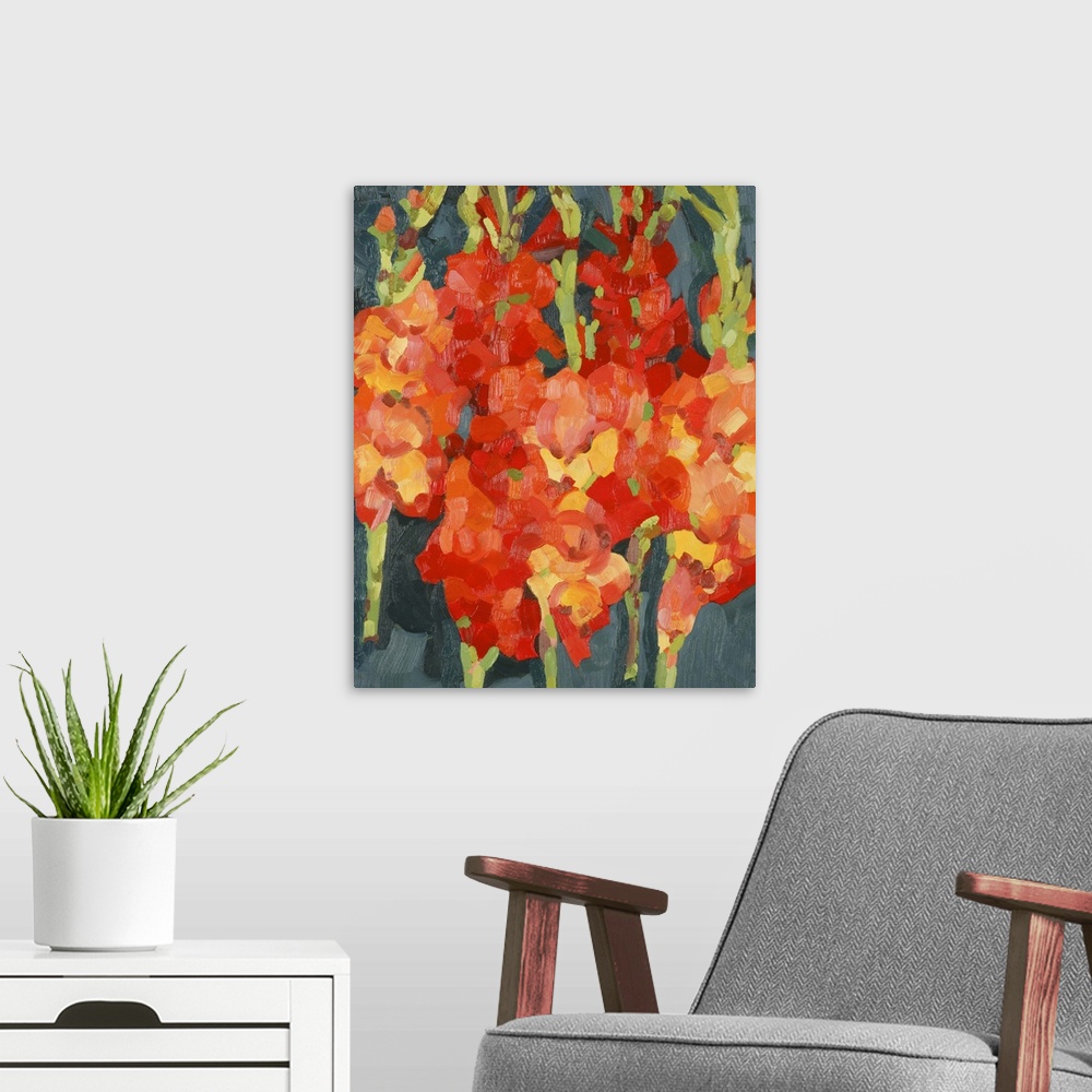 A modern room featuring Large, vertical, floral painting of a bunch of fiery colored gladiola on a dark background.  Pain...