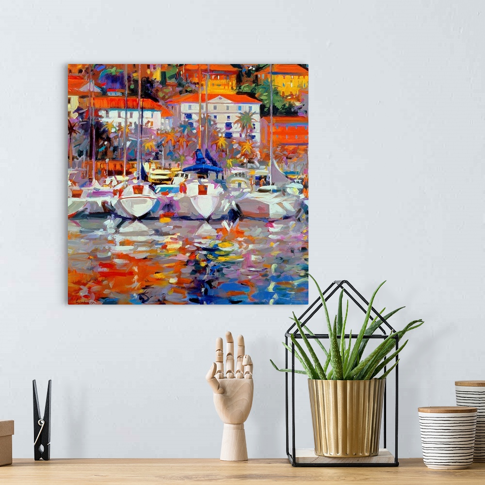 A bohemian room featuring A landscape painting of dozens of beautiful yachts and sail boats docked in the harbor of a coast...