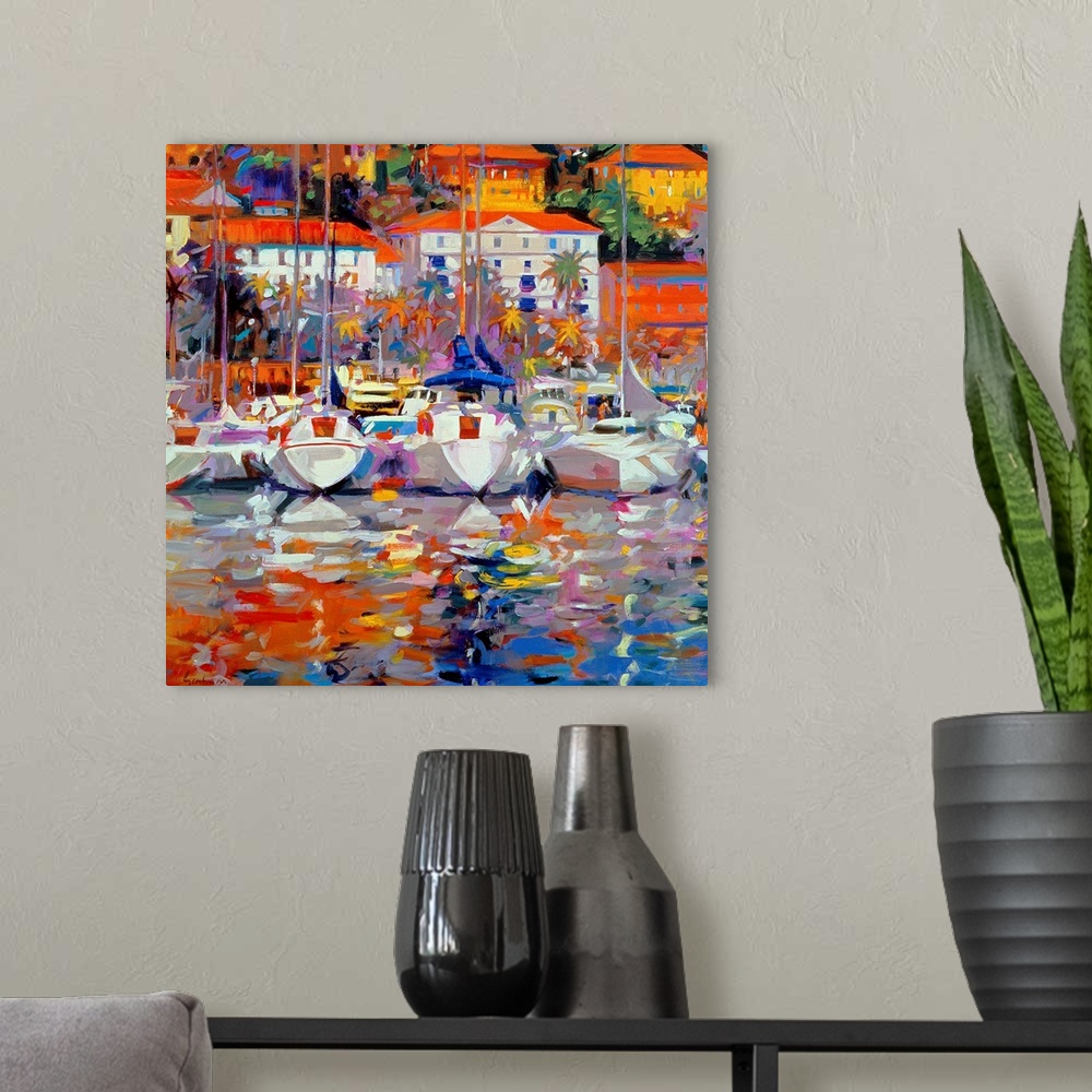 A modern room featuring A landscape painting of dozens of beautiful yachts and sail boats docked in the harbor of a coast...