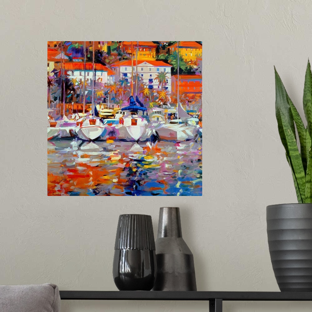 A modern room featuring A landscape painting of dozens of beautiful yachts and sail boats docked in the harbor of a coast...